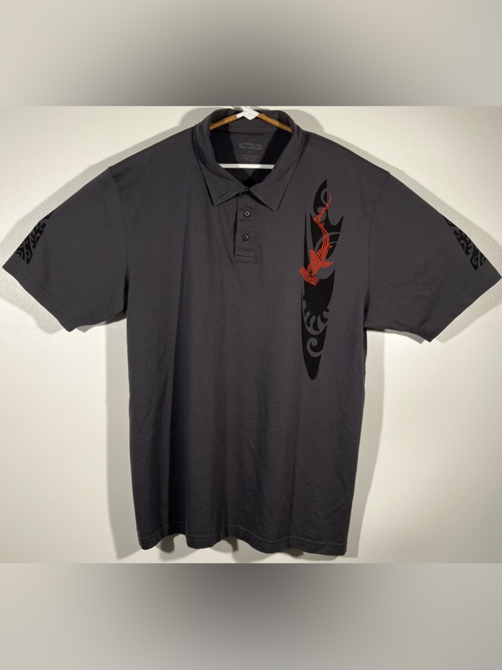 Crazy Shirts Mens Hammerhead Shark Tribal Polo 2XL Gray Short Sleeve Pima Cotton